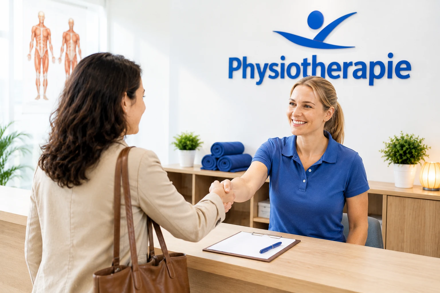 Moderne Physiotherapie-Rezeption mit DeskBot KI Telefonassistent